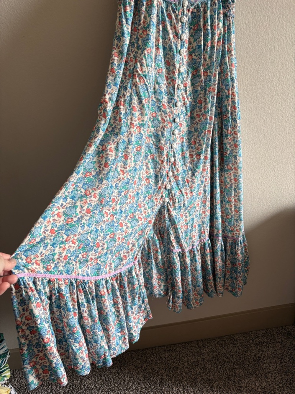 Free People Molly Jo Midi Dress Smocked Blossom Combo Blue Bohemian Size L - Picture 6 of 13